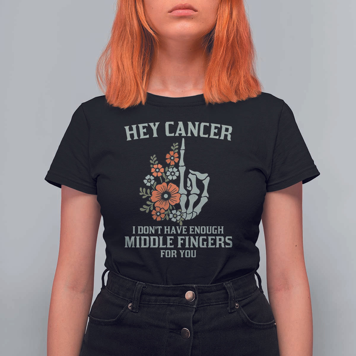 Anti Cancer Skeleton Middle Finger T Shirt For Women Floral Fck Cancer - Wonder Print Shop