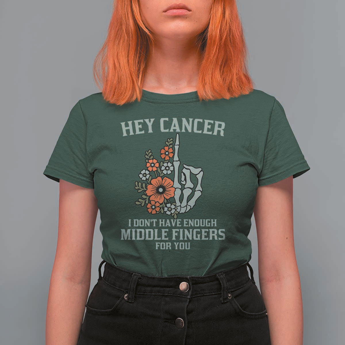 Anti Cancer Skeleton Middle Finger T Shirt For Women Floral Fck Cancer - Wonder Print Shop