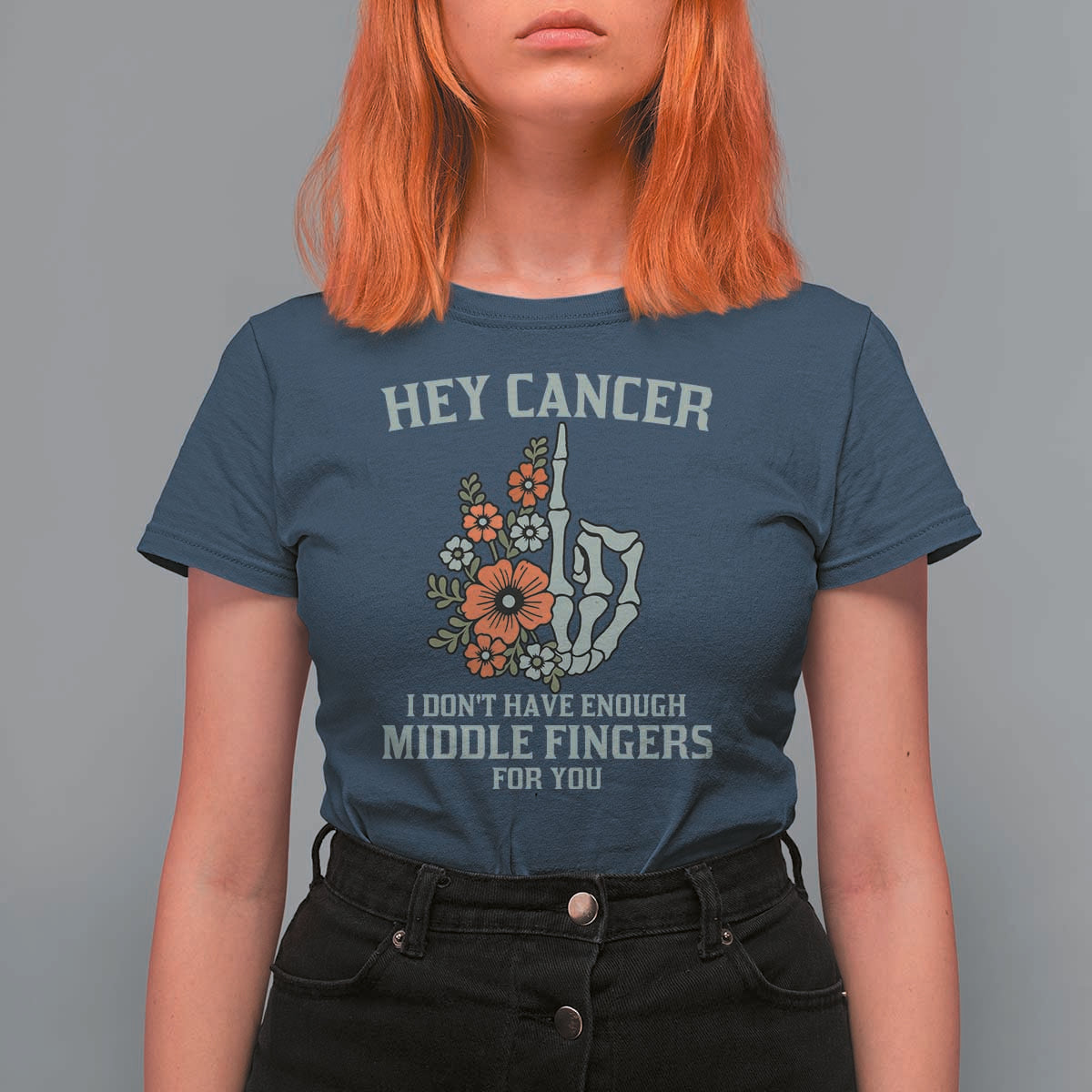 Anti Cancer Skeleton Middle Finger T Shirt For Women Floral Fck Cancer - Wonder Print Shop
