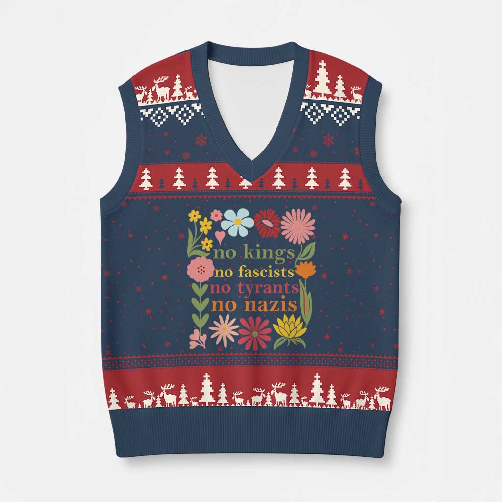 No Kings No Fascists No Tyrants No Nazis V-Neck Knit Sweater Vest Subtle Resist Retro Boho Floral - Wonder Print Shop