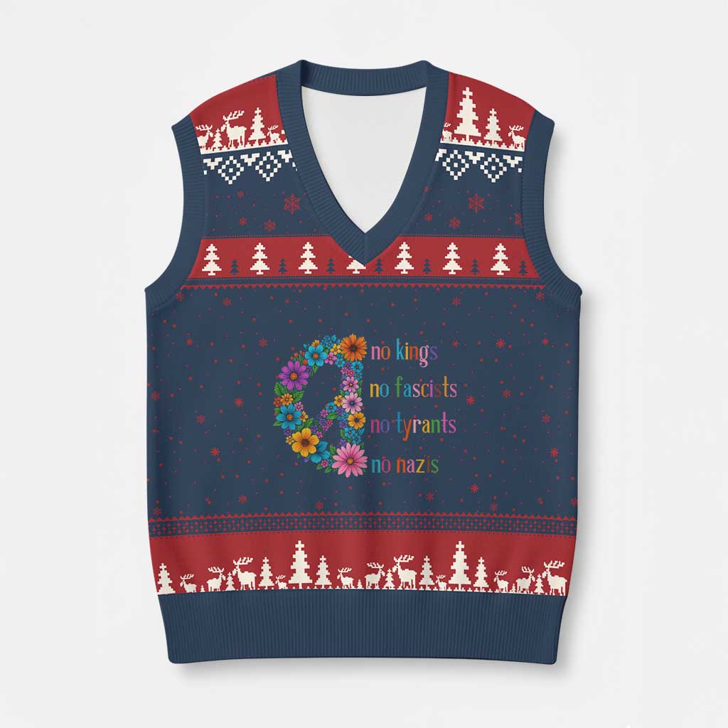 No Kings No Fascists No Tyrants No Nazis V-Neck Knit Sweater Vest Resist Retro Boho Floral Peace Sign - Wonder Print Shop