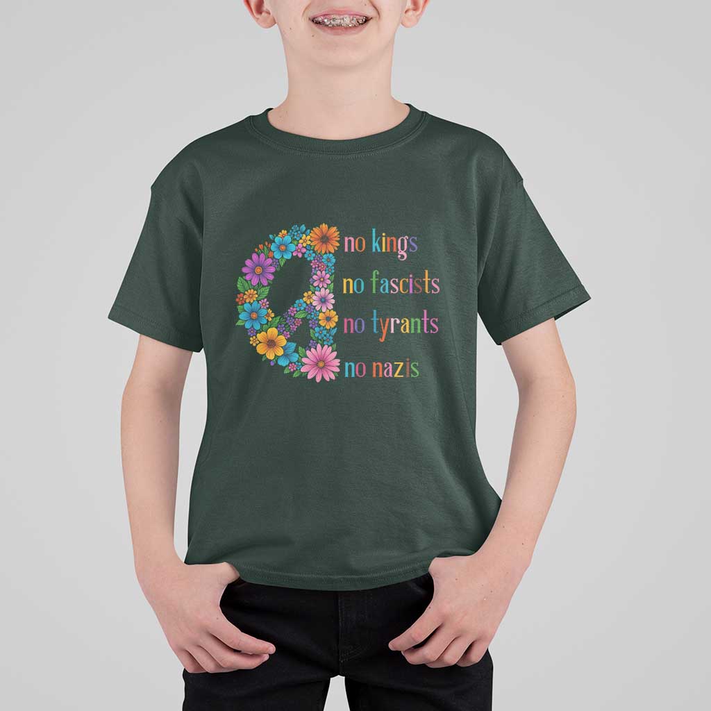No Kings No Fascists No Tyrants No Nazis T Shirt For Kid Resist Retro Boho Floral Peace Sign - Wonder Print Shop