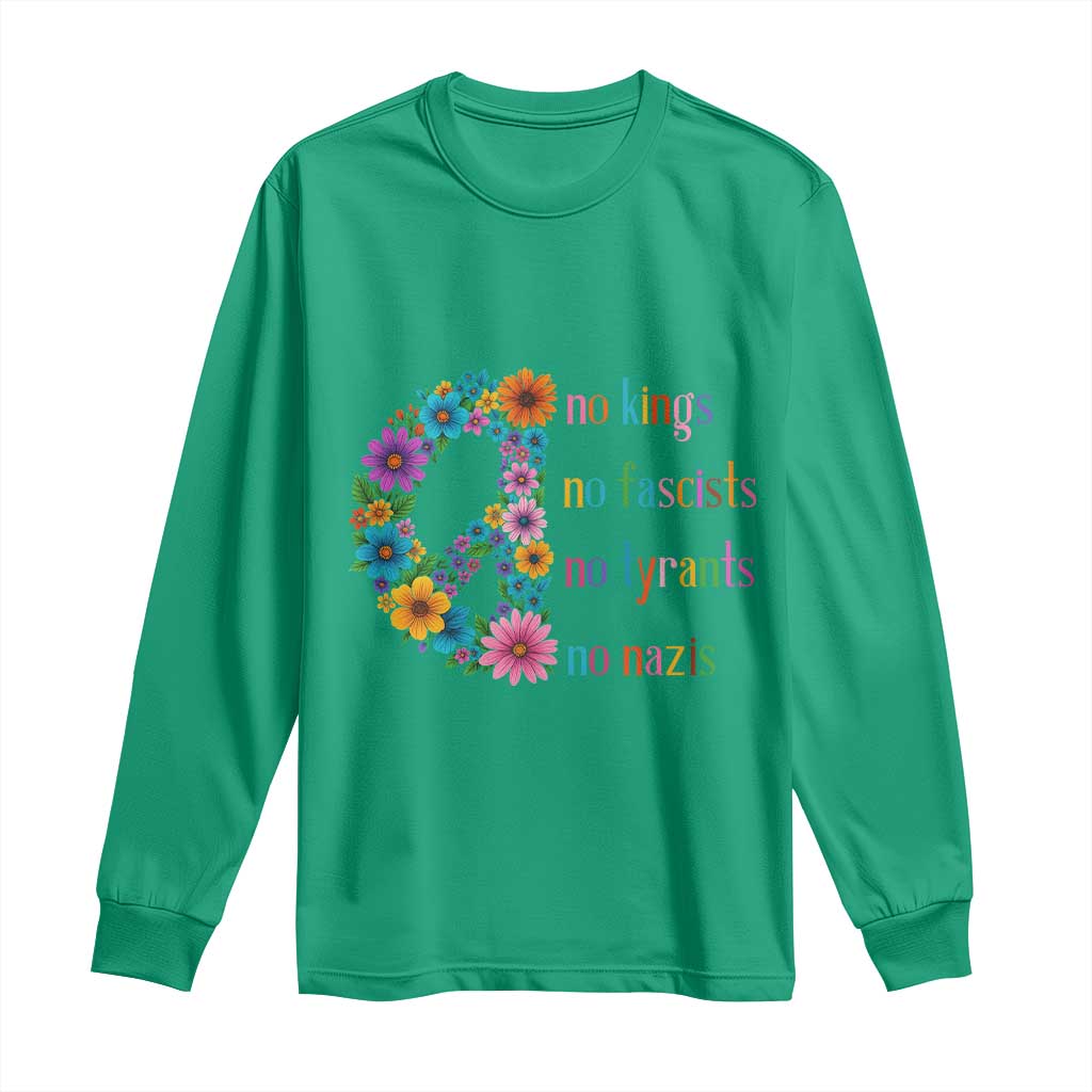 No Kings No Fascists No Tyrants No Nazis Long Sleeve Shirt Resist Retro Boho Floral Peace Sign - Wonder Print Shop