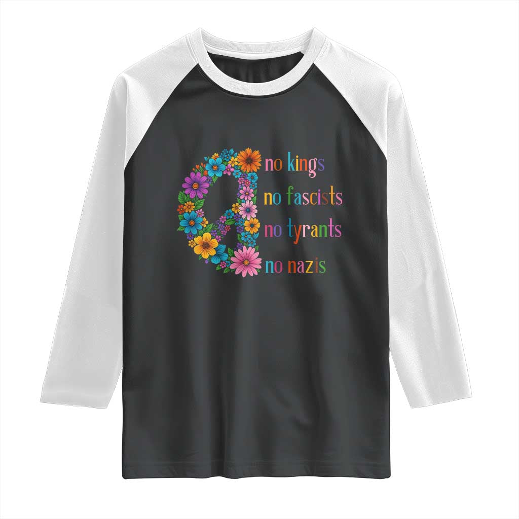 No Kings No Fascists No Tyrants No Nazis Raglan Shirt Resist Retro Boho Floral Peace Sign - Wonder Print Shop