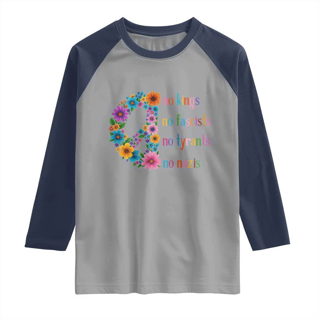 No Kings No Fascists No Tyrants No Nazis Raglan Shirt Resist Retro Boho Floral Peace Sign - Wonder Print Shop