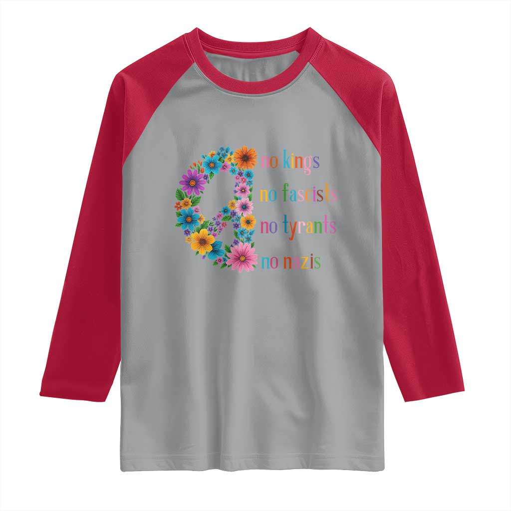 No Kings No Fascists No Tyrants No Nazis Raglan Shirt Resist Retro Boho Floral Peace Sign - Wonder Print Shop