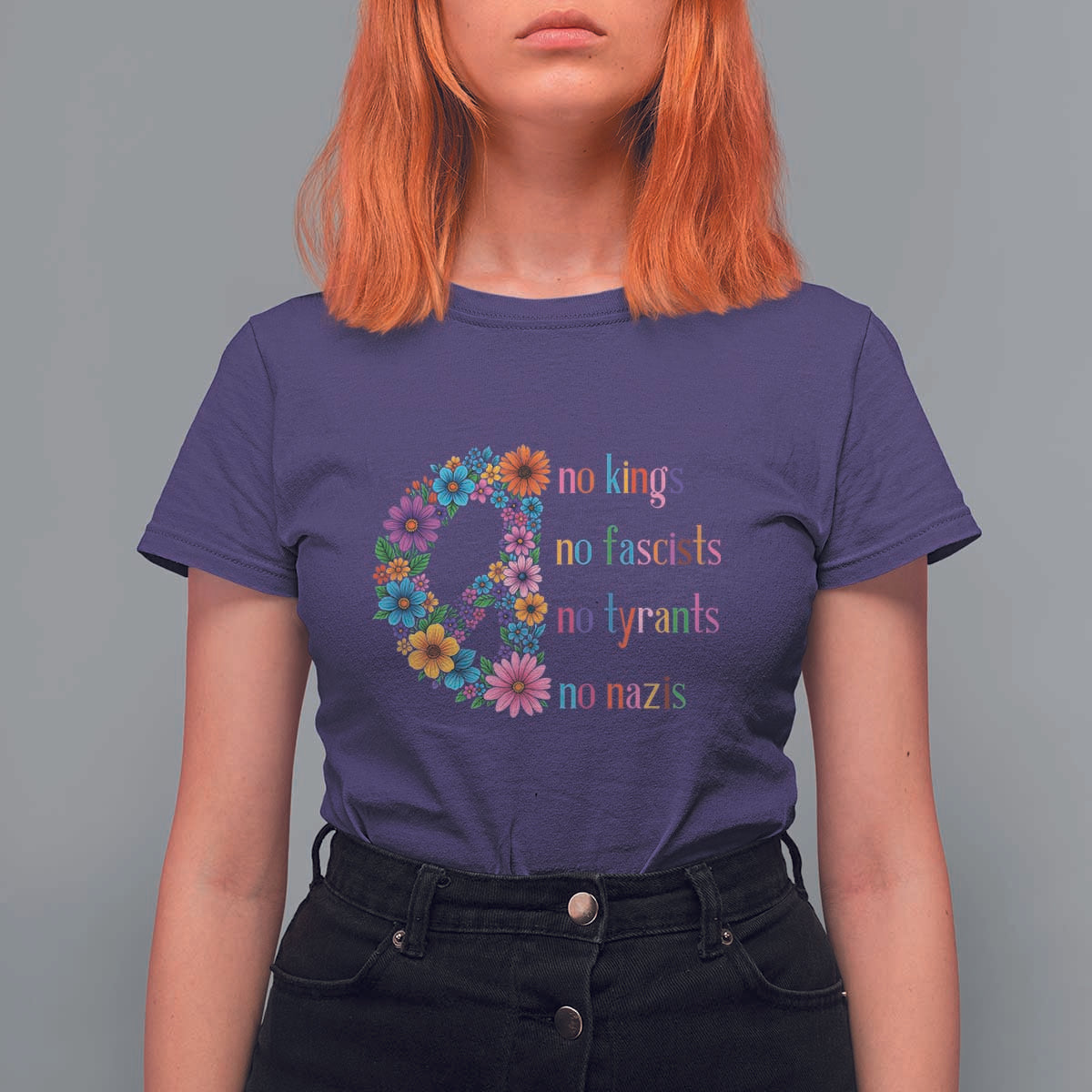 No Kings No Fascists No Tyrants No Nazis T Shirt For Women Resist Retro Boho Floral Peace Sign - Wonder Print Shop