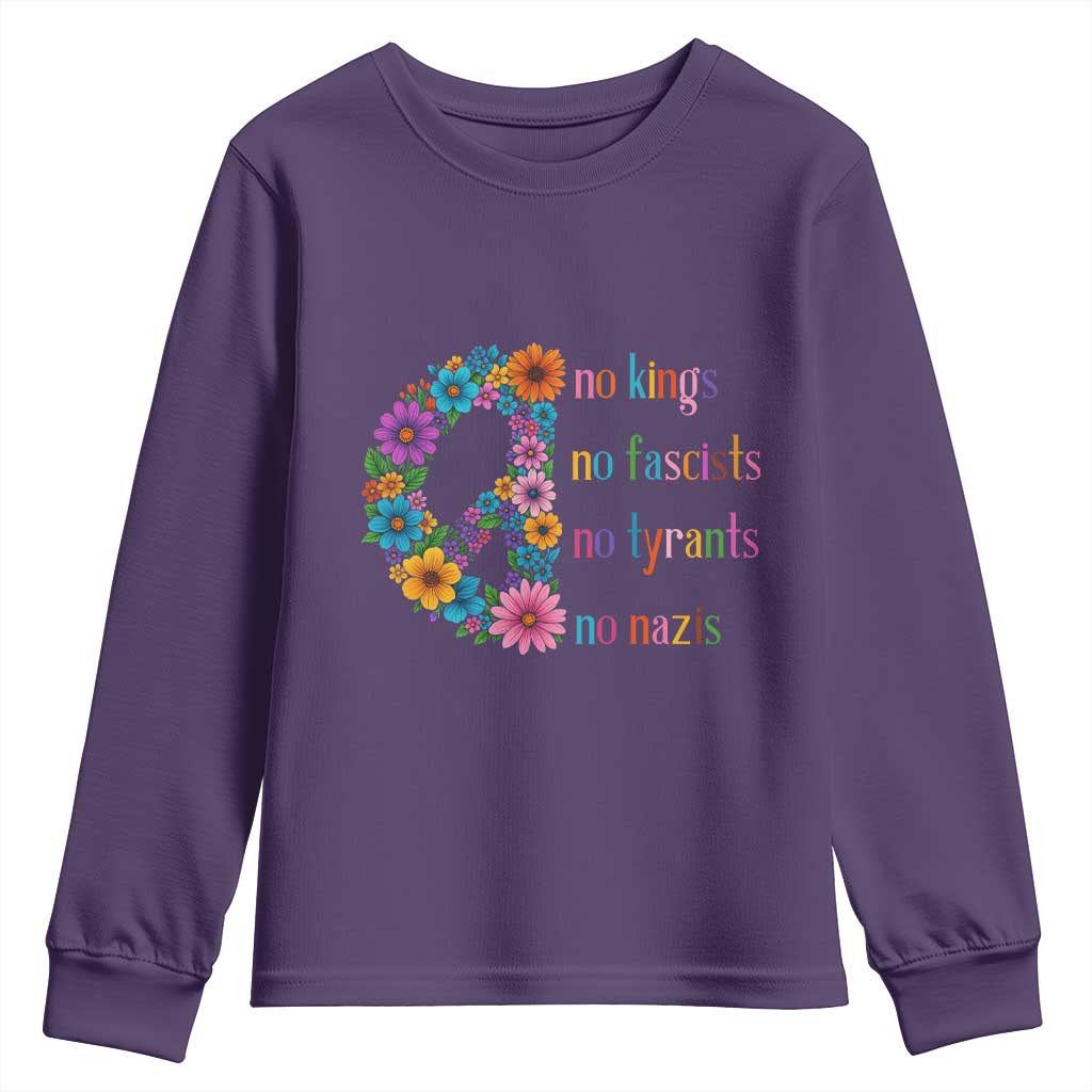 No Kings No Fascists No Tyrants No Nazis Youth Sweatshirt Resist Retro Boho Floral Peace Sign - Wonder Print Shop