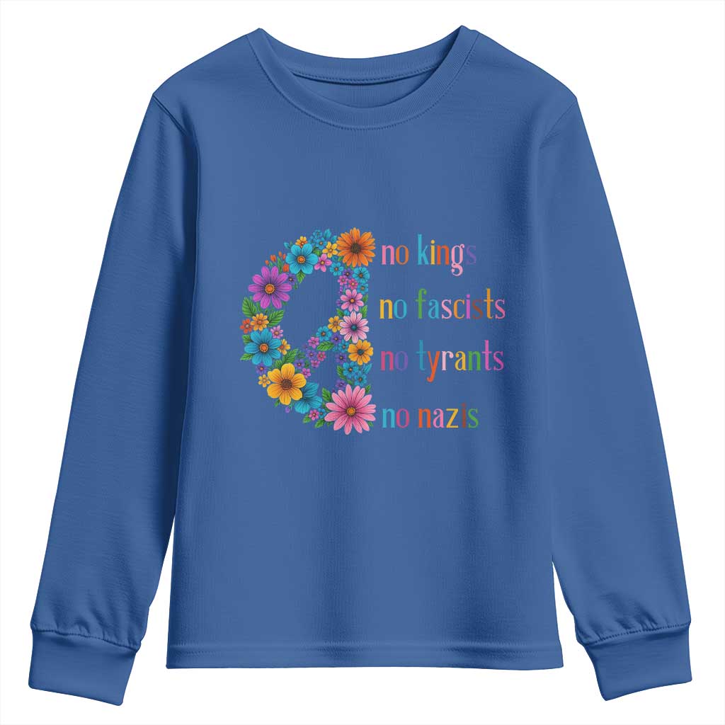 No Kings No Fascists No Tyrants No Nazis Youth Sweatshirt Resist Retro Boho Floral Peace Sign - Wonder Print Shop
