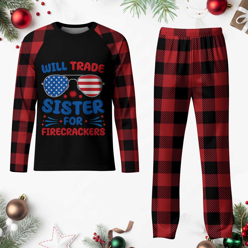 Will Trade Sister for Firecrackers Plaid Pajama Set Funny 4th of July Patriotic Humor - Wonder Print Shop