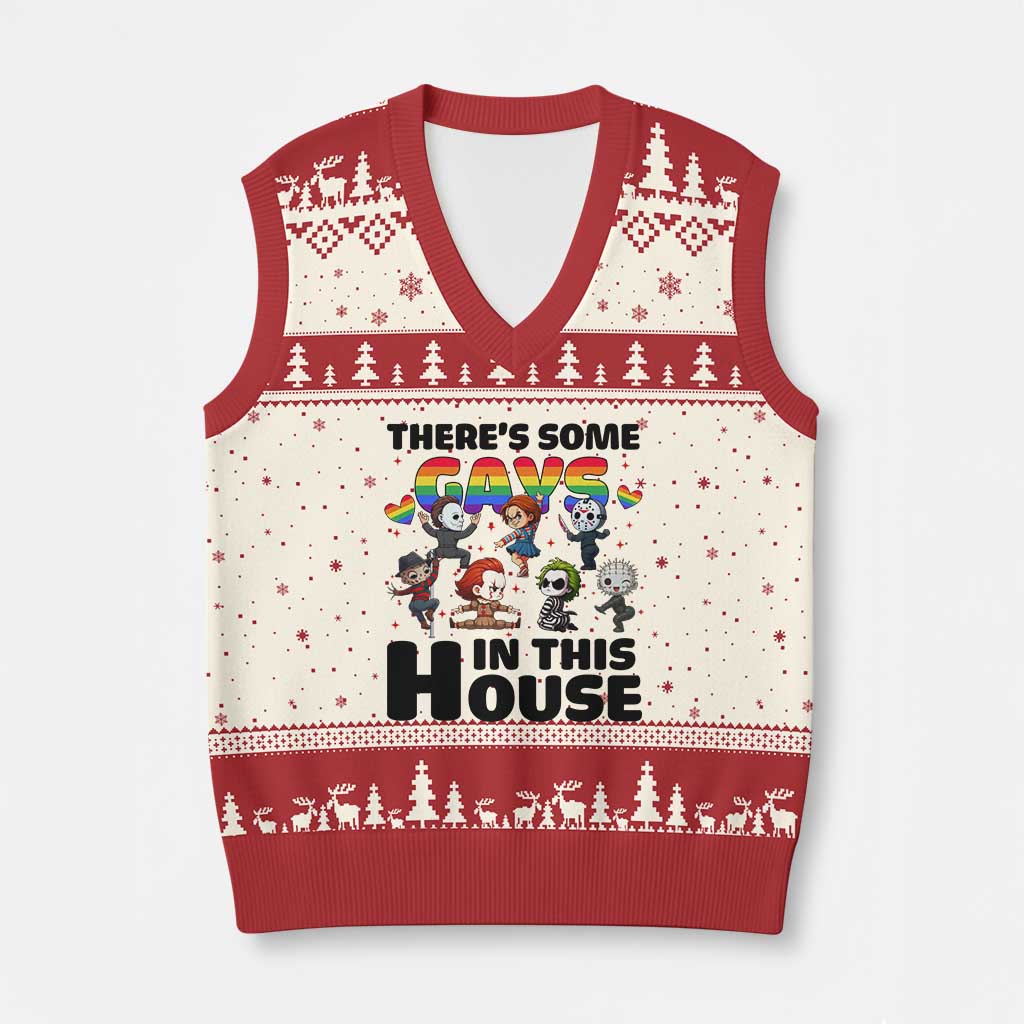 There's Some Gays in This House V-Neck Knit Sweater Vest Funny LGBTQ+ Horror Character Pride Mashup - Wonder Print Shop