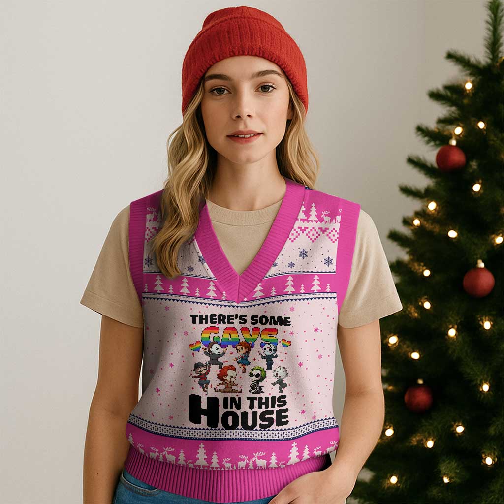There's Some Gays in This House V-Neck Knit Sweater Vest Funny LGBTQ+ Horror Character Pride Mashup - Wonder Print Shop
