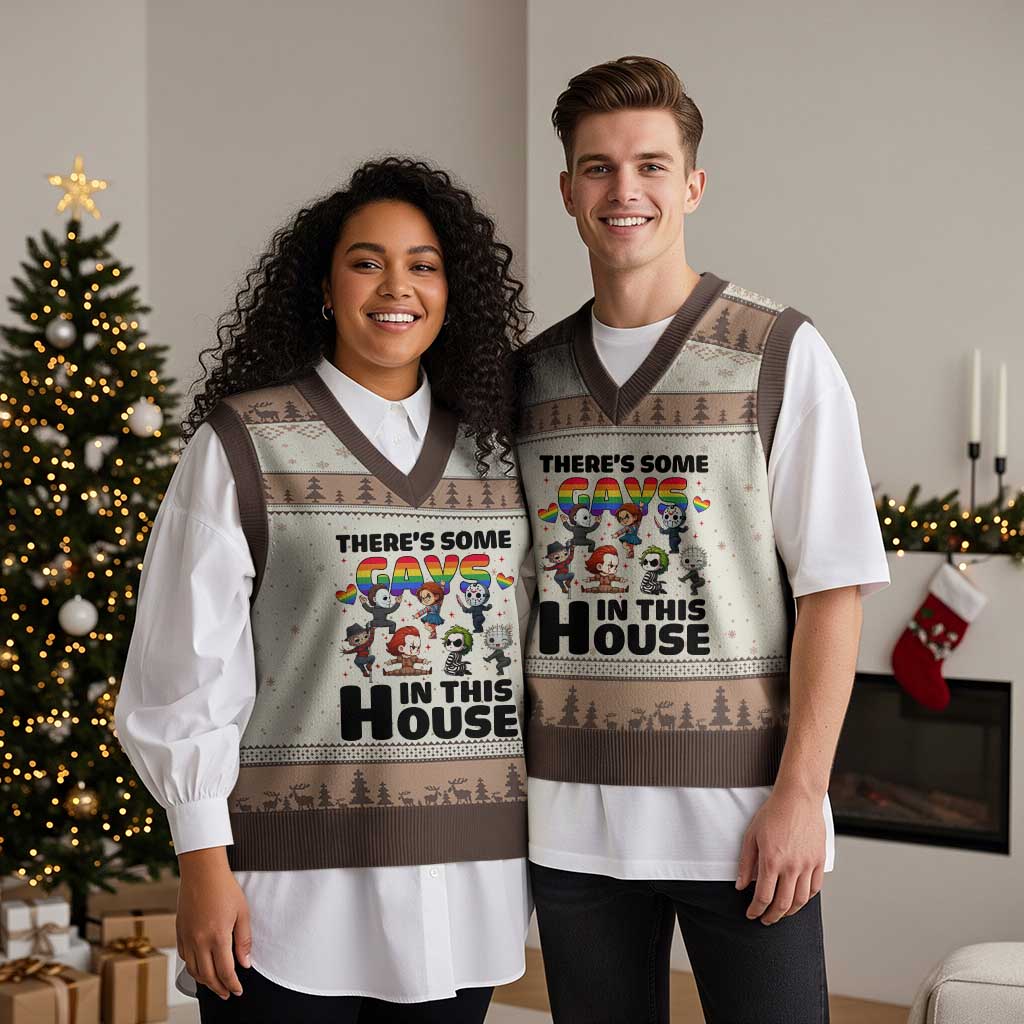 There's Some Gays in This House V-Neck Knit Sweater Vest Funny LGBTQ+ Horror Character Pride Mashup - Wonder Print Shop