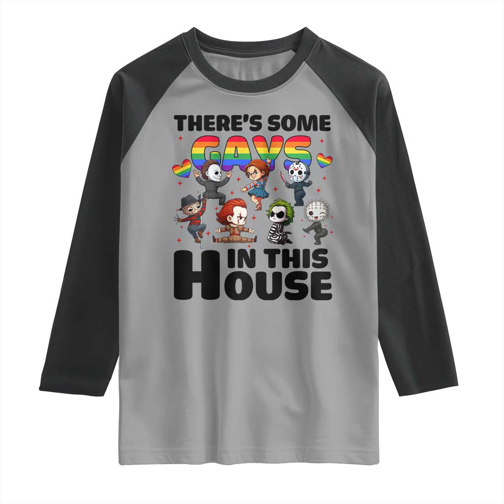 There's Some Gays in This House Raglan Shirt Funny LGBTQ+ Horror Character Pride Mashup - Wonder Print Shop
