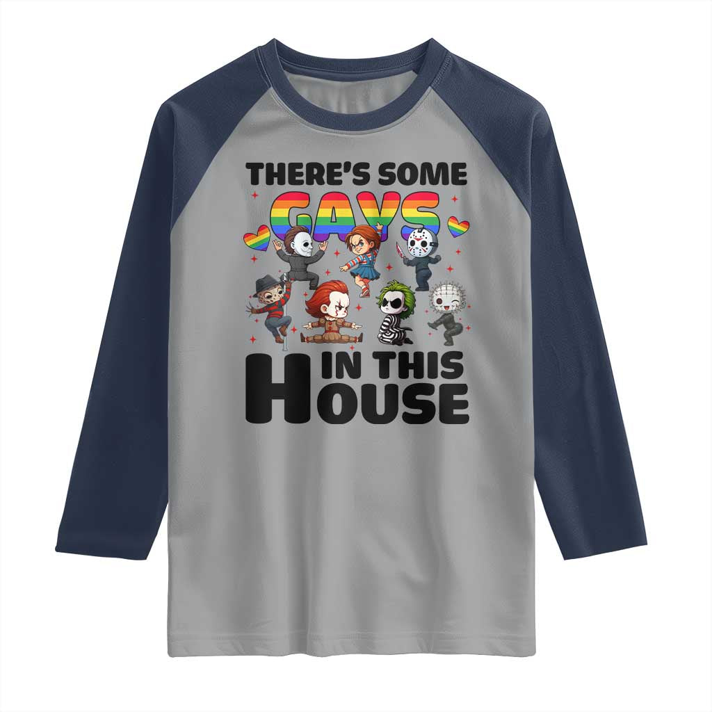 There's Some Gays in This House Raglan Shirt Funny LGBTQ+ Horror Character Pride Mashup - Wonder Print Shop