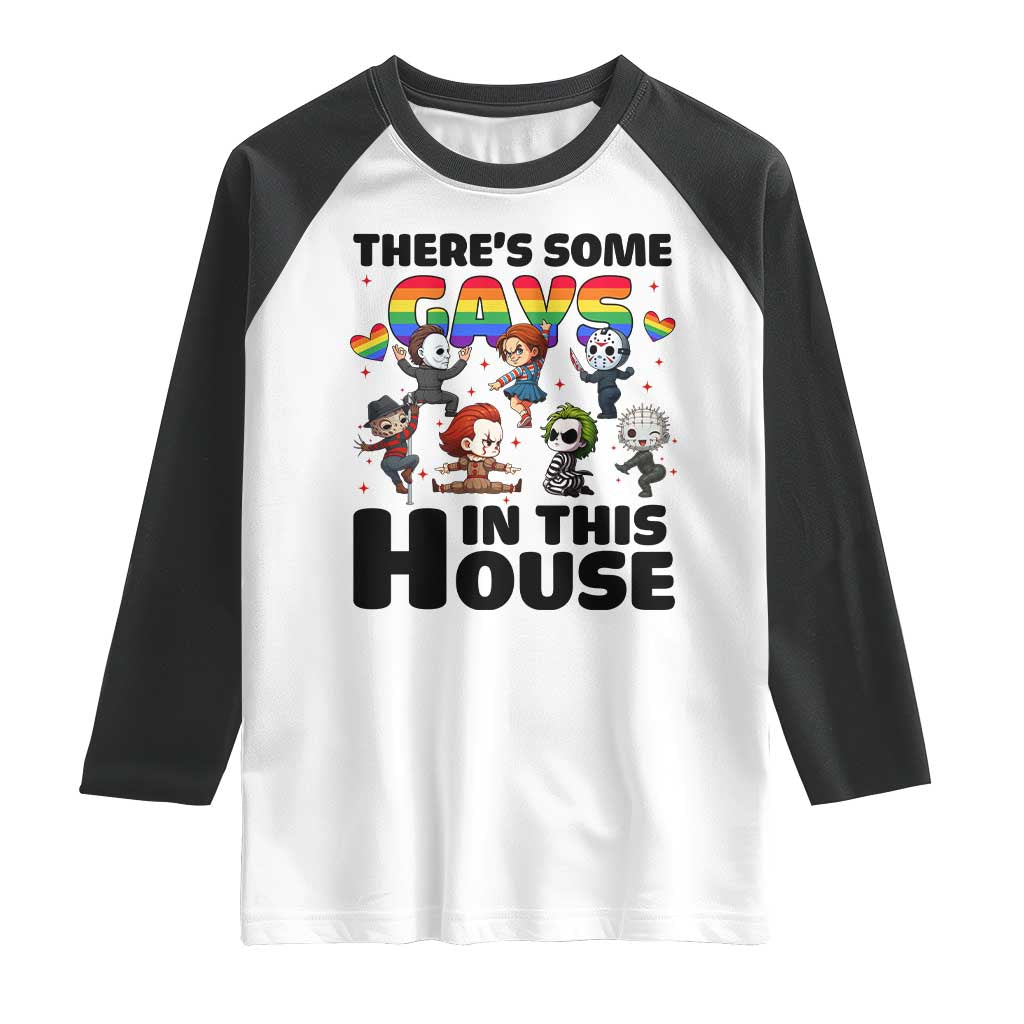 There's Some Gays in This House Raglan Shirt Funny LGBTQ+ Horror Character Pride Mashup - Wonder Print Shop