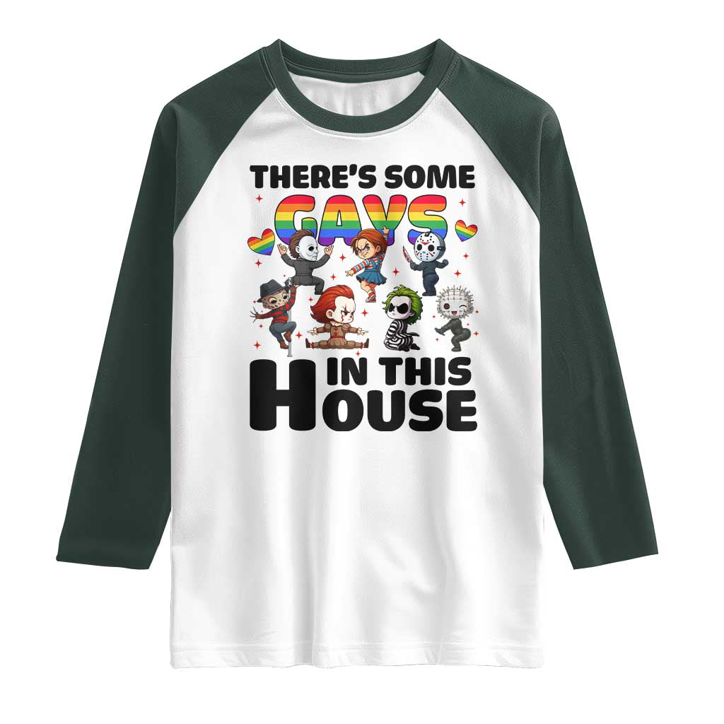 There's Some Gays in This House Raglan Shirt Funny LGBTQ+ Horror Character Pride Mashup - Wonder Print Shop