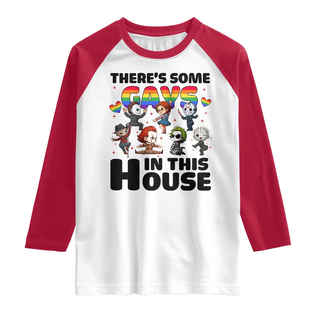 There's Some Gays in This House Raglan Shirt Funny LGBTQ+ Horror Character Pride Mashup - Wonder Print Shop