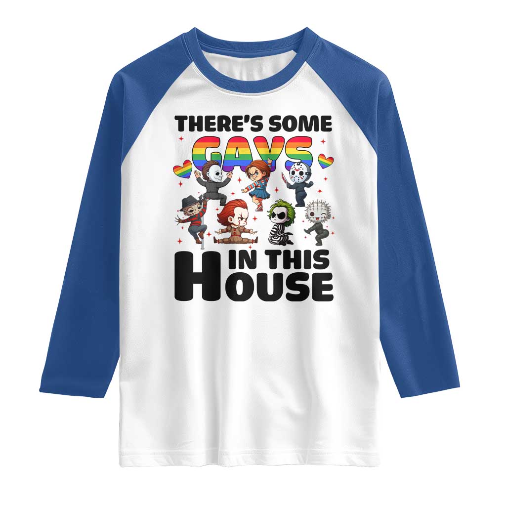 There's Some Gays in This House Raglan Shirt Funny LGBTQ+ Horror Character Pride Mashup - Wonder Print Shop