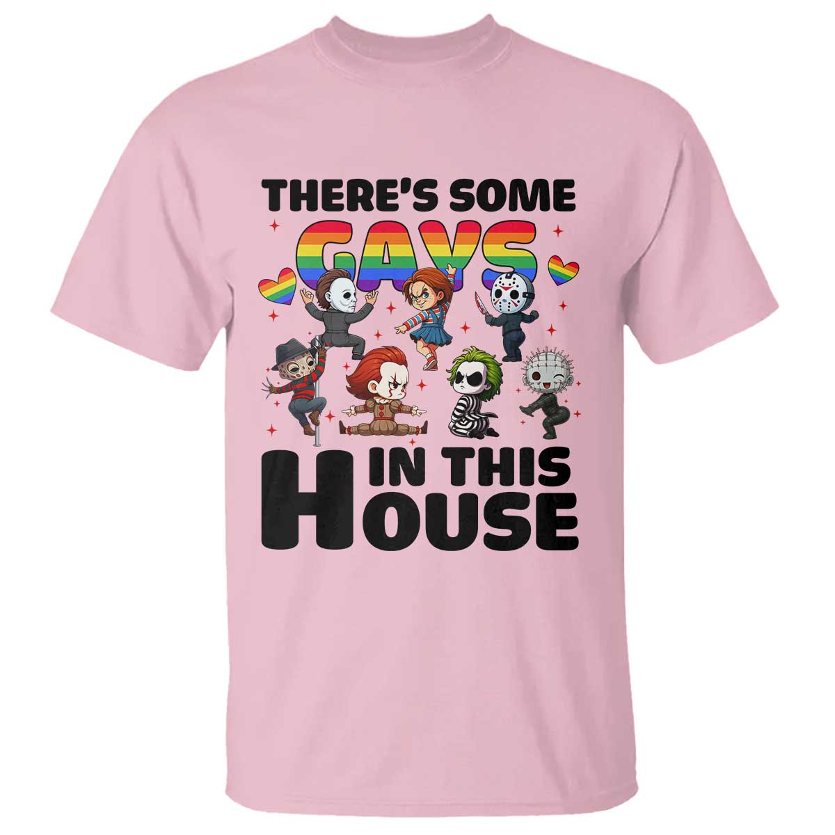 There's Some Gays in This House T Shirt Funny LGBTQ+ Horror Character Pride Mashup - Wonder Print Shop