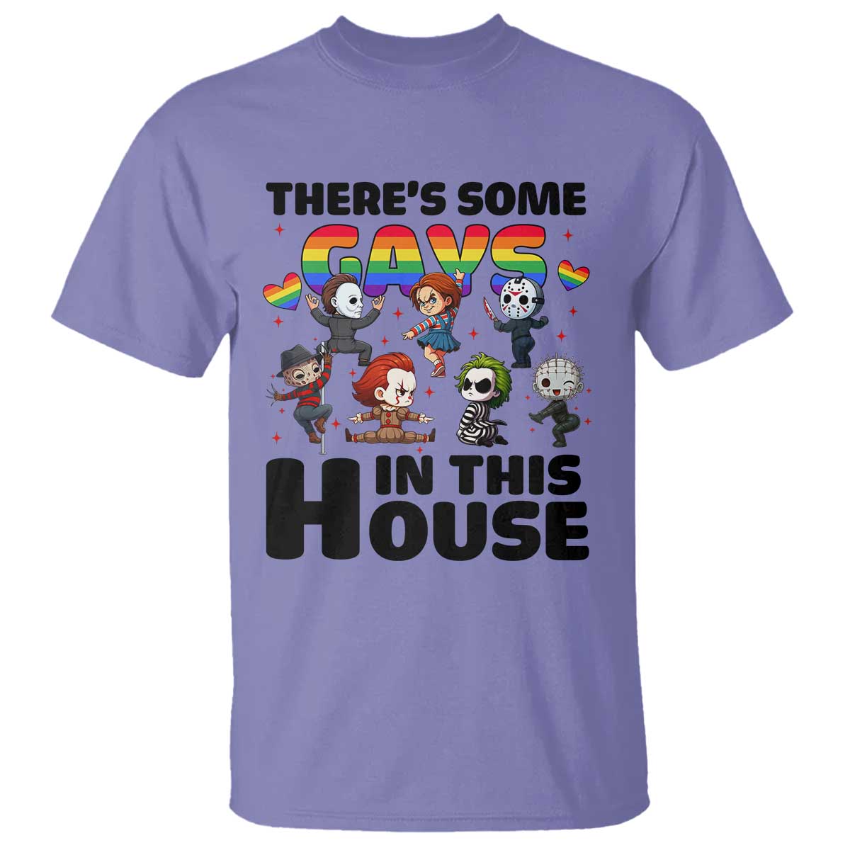 There's Some Gays in This House T Shirt Funny LGBTQ+ Horror Character Pride Mashup - Wonder Print Shop