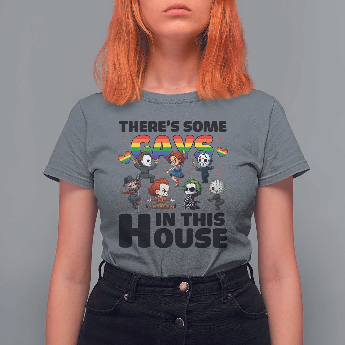 There's Some Gays in This House T Shirt For Women Funny LGBTQ+ Horror Character Pride Mashup - Wonder Print Shop