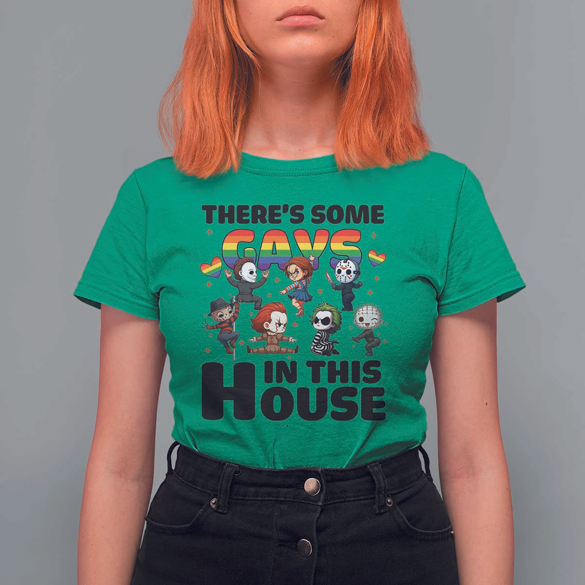 There's Some Gays in This House T Shirt For Women Funny LGBTQ+ Horror Character Pride Mashup - Wonder Print Shop
