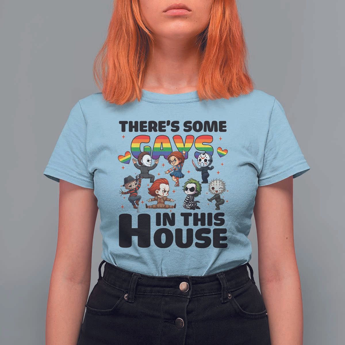 There's Some Gays in This House T Shirt For Women Funny LGBTQ+ Horror Character Pride Mashup - Wonder Print Shop