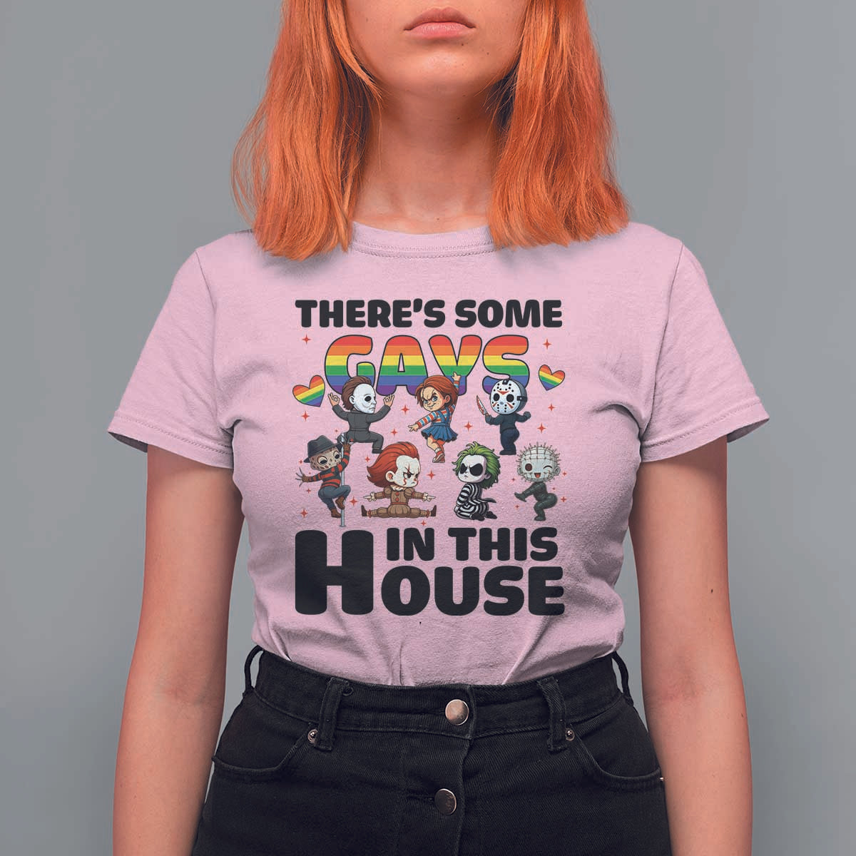 There's Some Gays in This House T Shirt For Women Funny LGBTQ+ Horror Character Pride Mashup - Wonder Print Shop