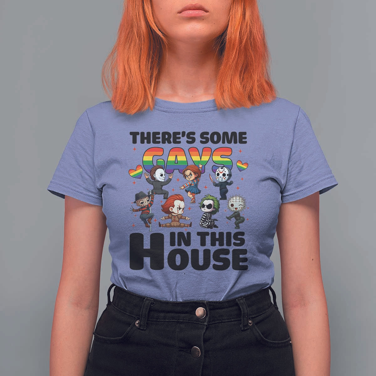 There's Some Gays in This House T Shirt For Women Funny LGBTQ+ Horror Character Pride Mashup - Wonder Print Shop
