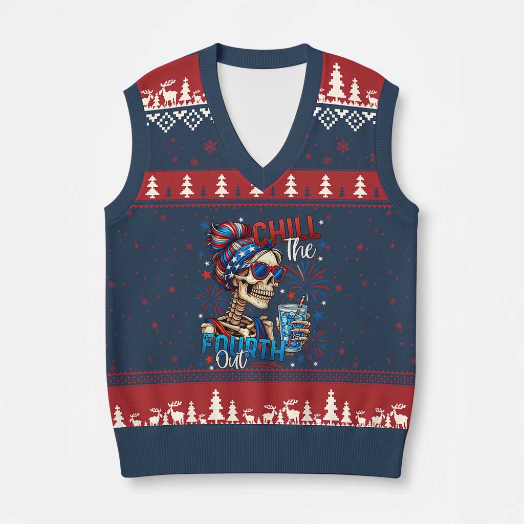 Chill the Fourth Out Skeleton V-Neck Knit Sweater Vest Funny Patriotic 4th of July Fireworks Party - Wonder Print Shop