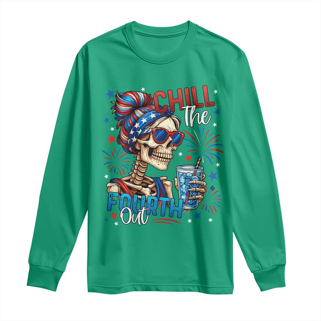 Chill the Fourth Out Skeleton Long Sleeve Shirt Funny Patriotic 4th of July Fireworks Party - Wonder Print Shop