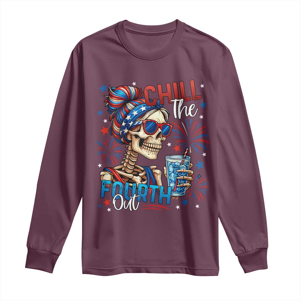Chill the Fourth Out Skeleton Long Sleeve Shirt Funny Patriotic 4th of July Fireworks Party - Wonder Print Shop
