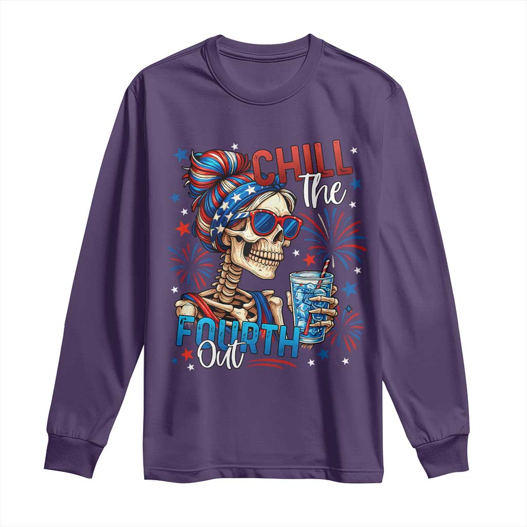 Chill the Fourth Out Skeleton Long Sleeve Shirt Funny Patriotic 4th of July Fireworks Party - Wonder Print Shop