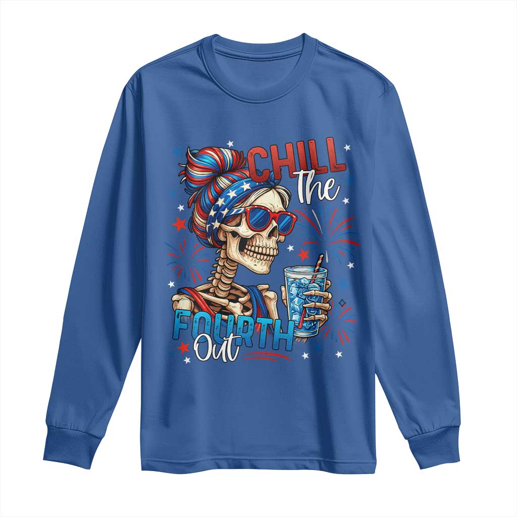 Chill the Fourth Out Skeleton Long Sleeve Shirt Funny Patriotic 4th of July Fireworks Party - Wonder Print Shop