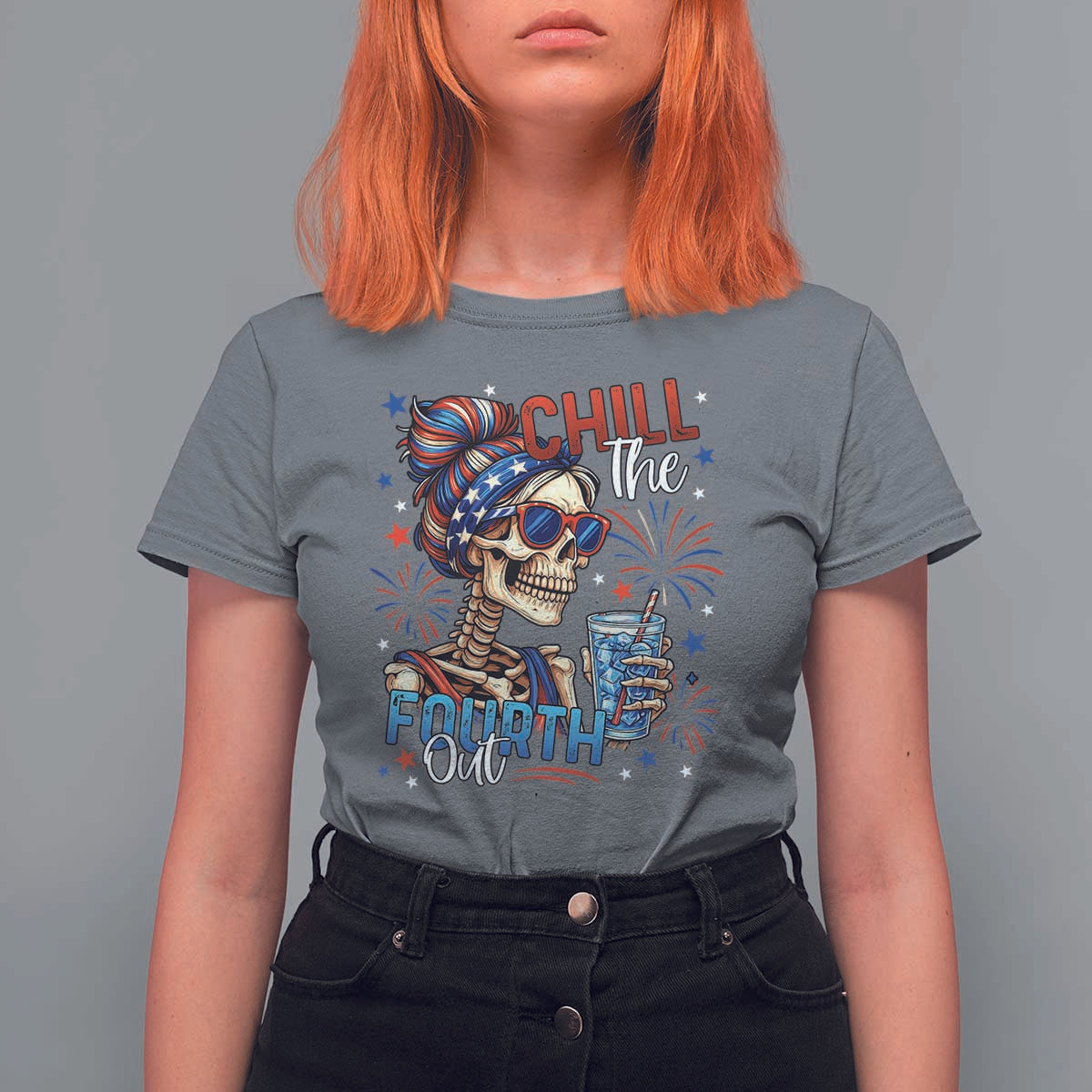 Chill the Fourth Out Skeleton T Shirt For Women Funny Patriotic 4th of July Fireworks Party - Wonder Print Shop