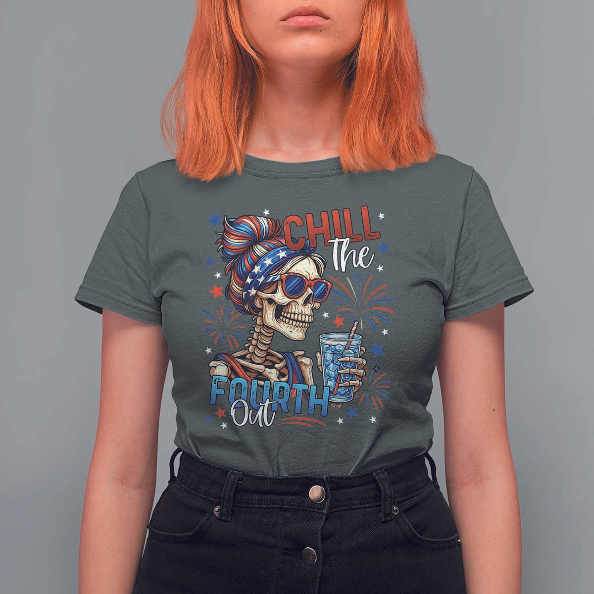 Chill the Fourth Out Skeleton T Shirt For Women Funny Patriotic 4th of July Fireworks Party - Wonder Print Shop
