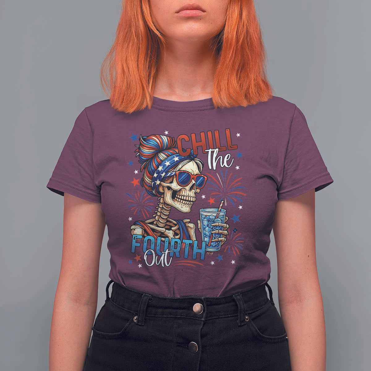 Chill the Fourth Out Skeleton T Shirt For Women Funny Patriotic 4th of July Fireworks Party - Wonder Print Shop