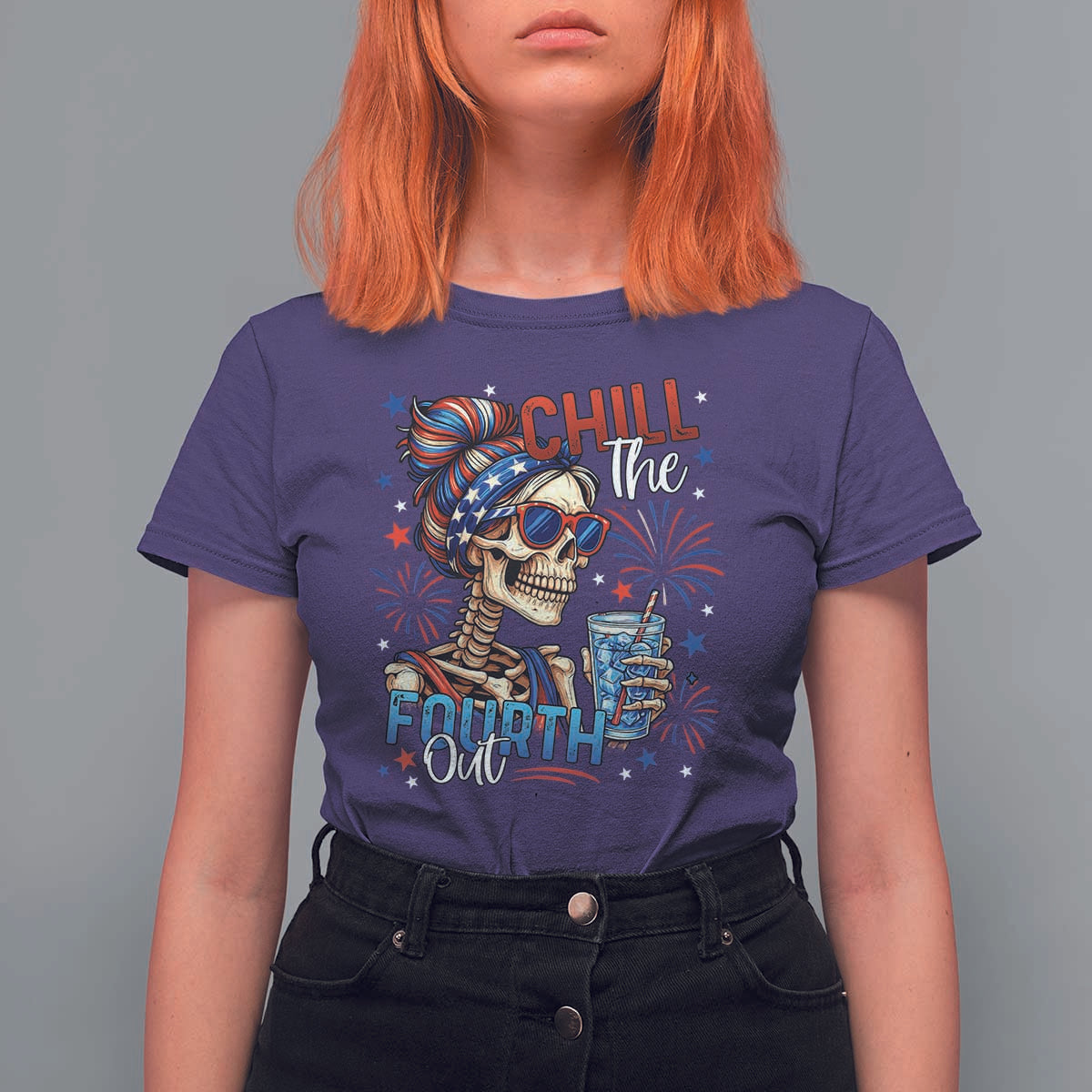 Chill the Fourth Out Skeleton T Shirt For Women Funny Patriotic 4th of July Fireworks Party - Wonder Print Shop