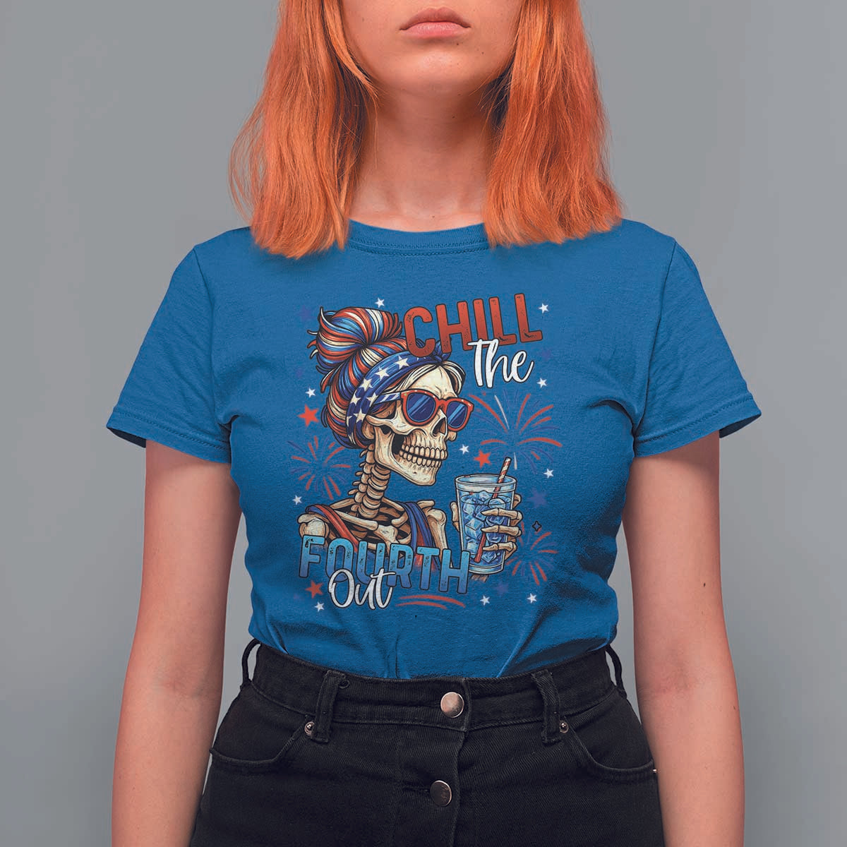 Chill the Fourth Out Skeleton T Shirt For Women Funny Patriotic 4th of July Fireworks Party - Wonder Print Shop