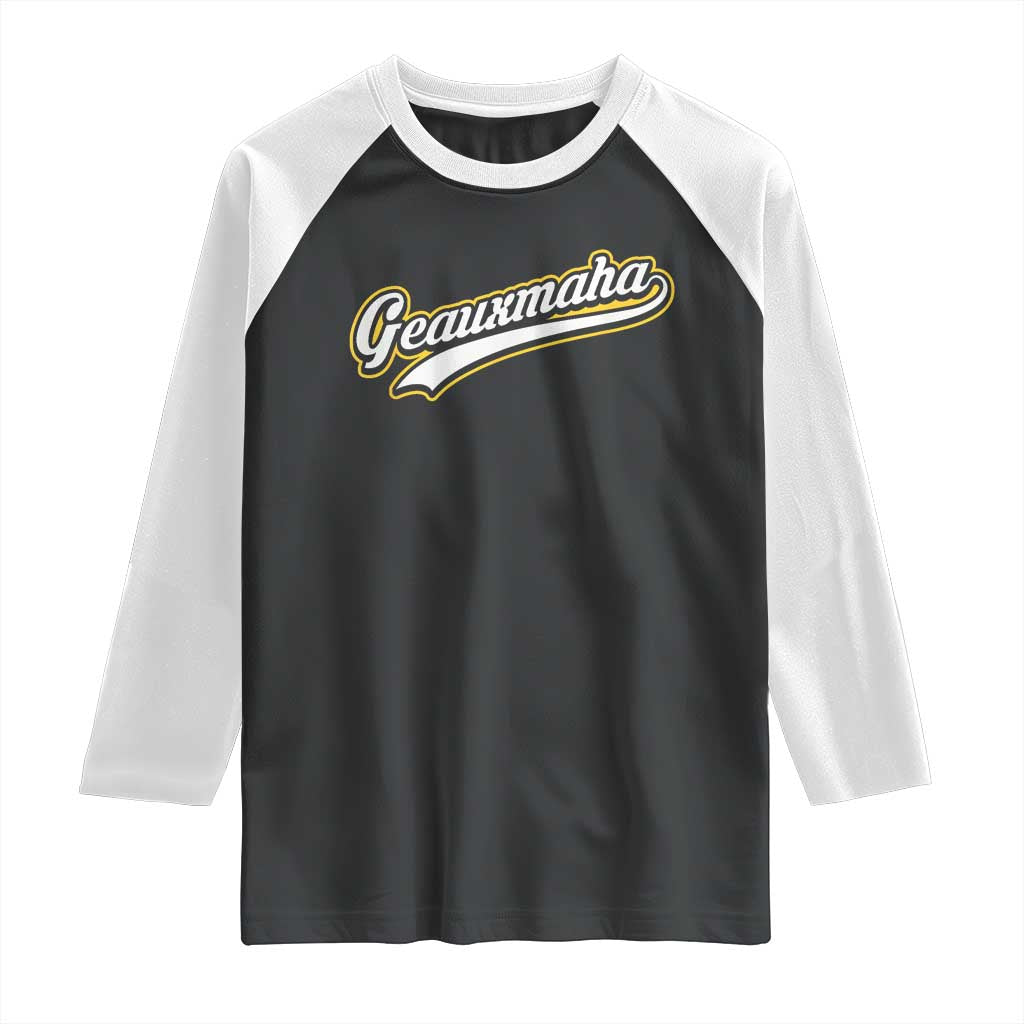 Geauxmaha Vintage Throwback Design Raglan Shirt Purple and Gold Baseball Fan - Wonder Print Shop