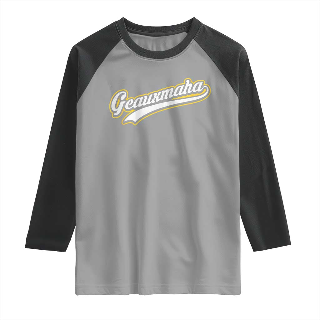 Geauxmaha Vintage Throwback Design Raglan Shirt Purple and Gold Baseball Fan - Wonder Print Shop