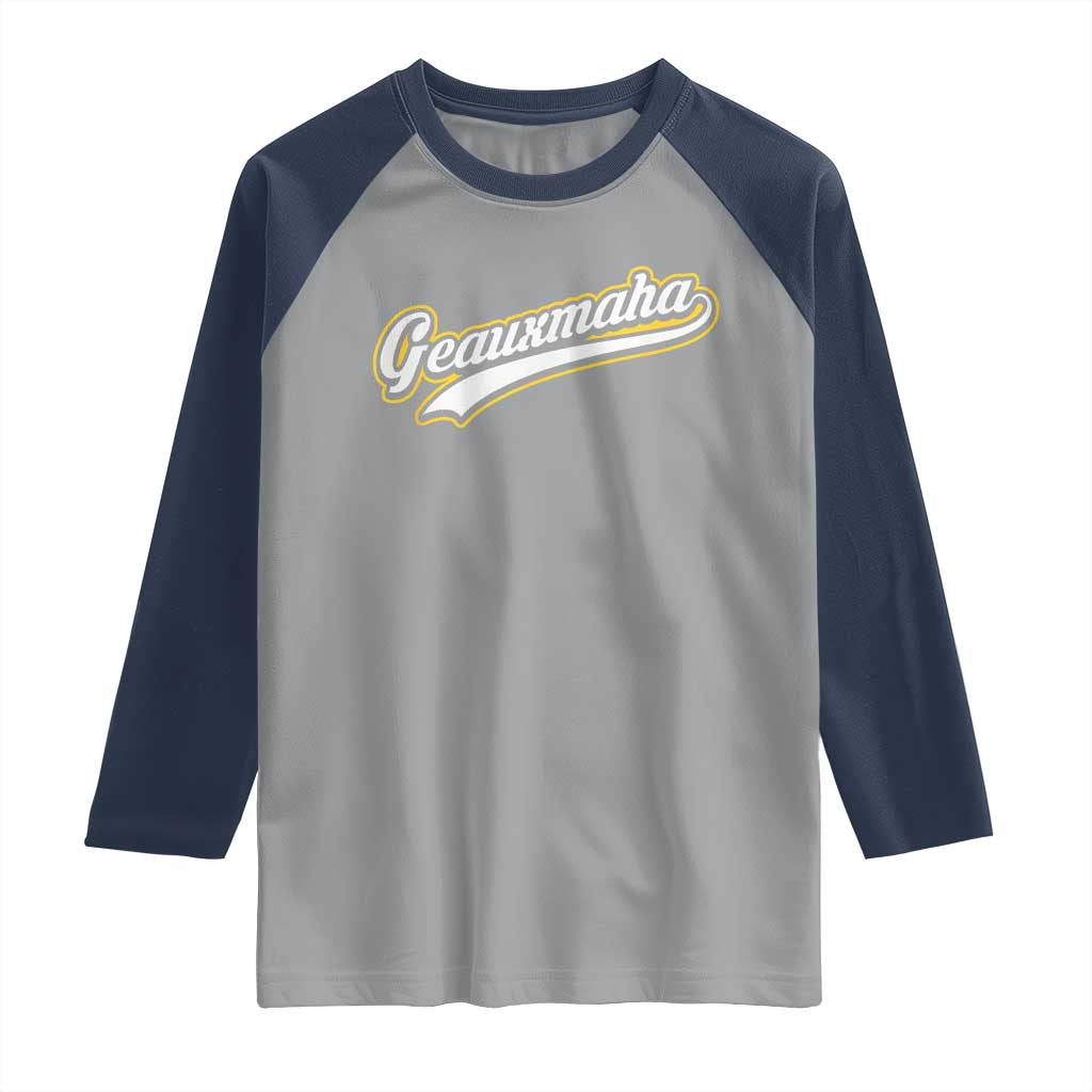 Geauxmaha Vintage Throwback Design Raglan Shirt Purple and Gold Baseball Fan - Wonder Print Shop