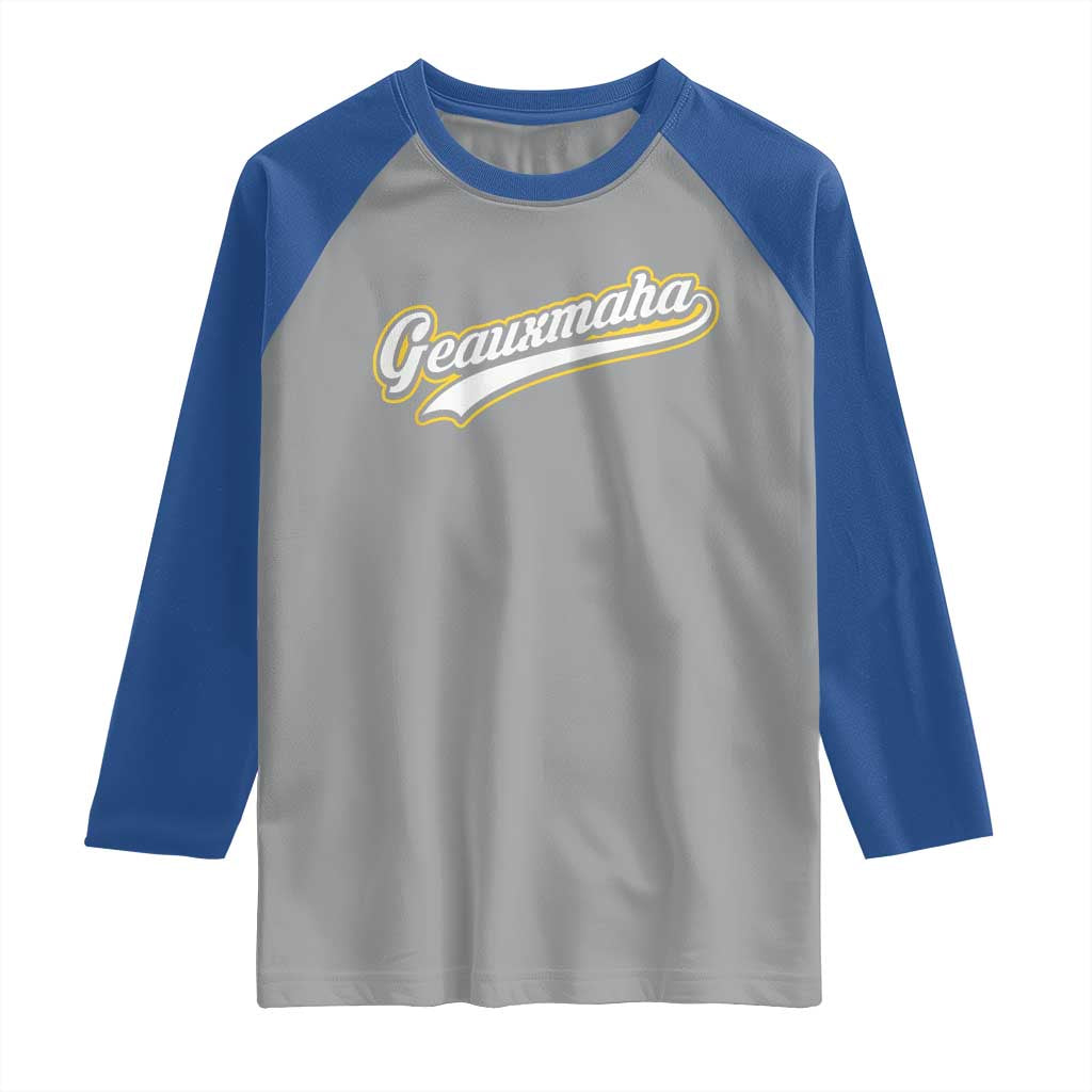 Geauxmaha Vintage Throwback Design Raglan Shirt Purple and Gold Baseball Fan - Wonder Print Shop