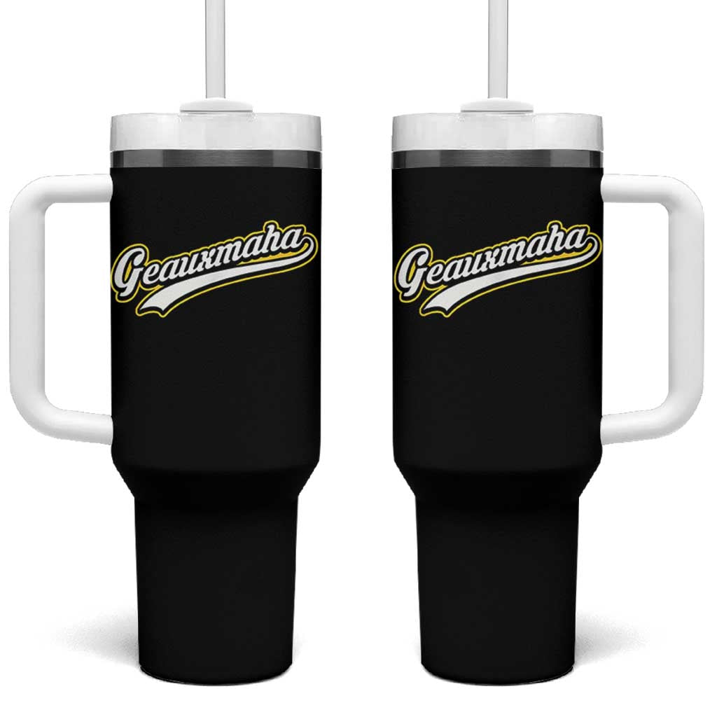 Geauxmaha Vintage Throwback Design Tumbler With Handle Purple and Gold Baseball Fan - Wonder Print Shop