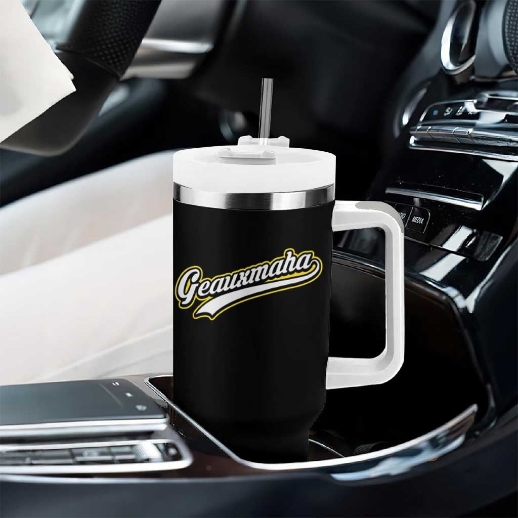 Geauxmaha Vintage Throwback Design Tumbler With Handle Purple and Gold Baseball Fan - Wonder Print Shop
