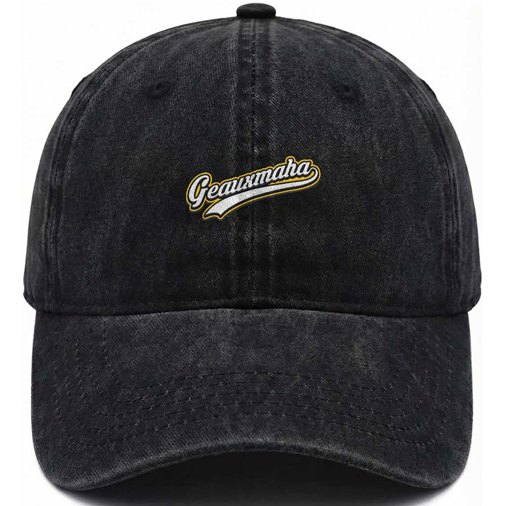 Geauxmaha Vintage Throwback Design Washed Cotton Baseball Cap Purple and Gold Baseball Fan