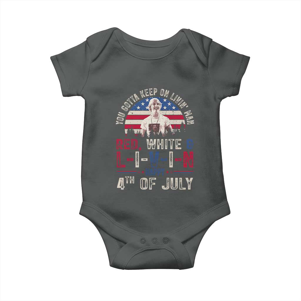 Red White and Livin Happy 4th of July Patriotic Baby Onesie Funny Retro Movie Quote You Gotta Keep On Living Man