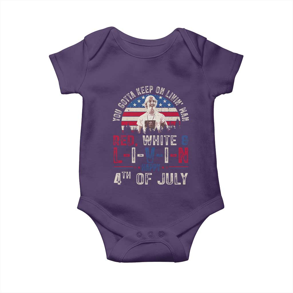Red White and Livin Happy 4th of July Patriotic Baby Onesie Funny Retro Movie Quote You Gotta Keep On Living Man