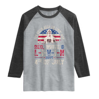 Red White and Livin Happy 4th of July Patriotic Raglan Shirt Funny Retro Movie Quote You Gotta Keep On Living Man